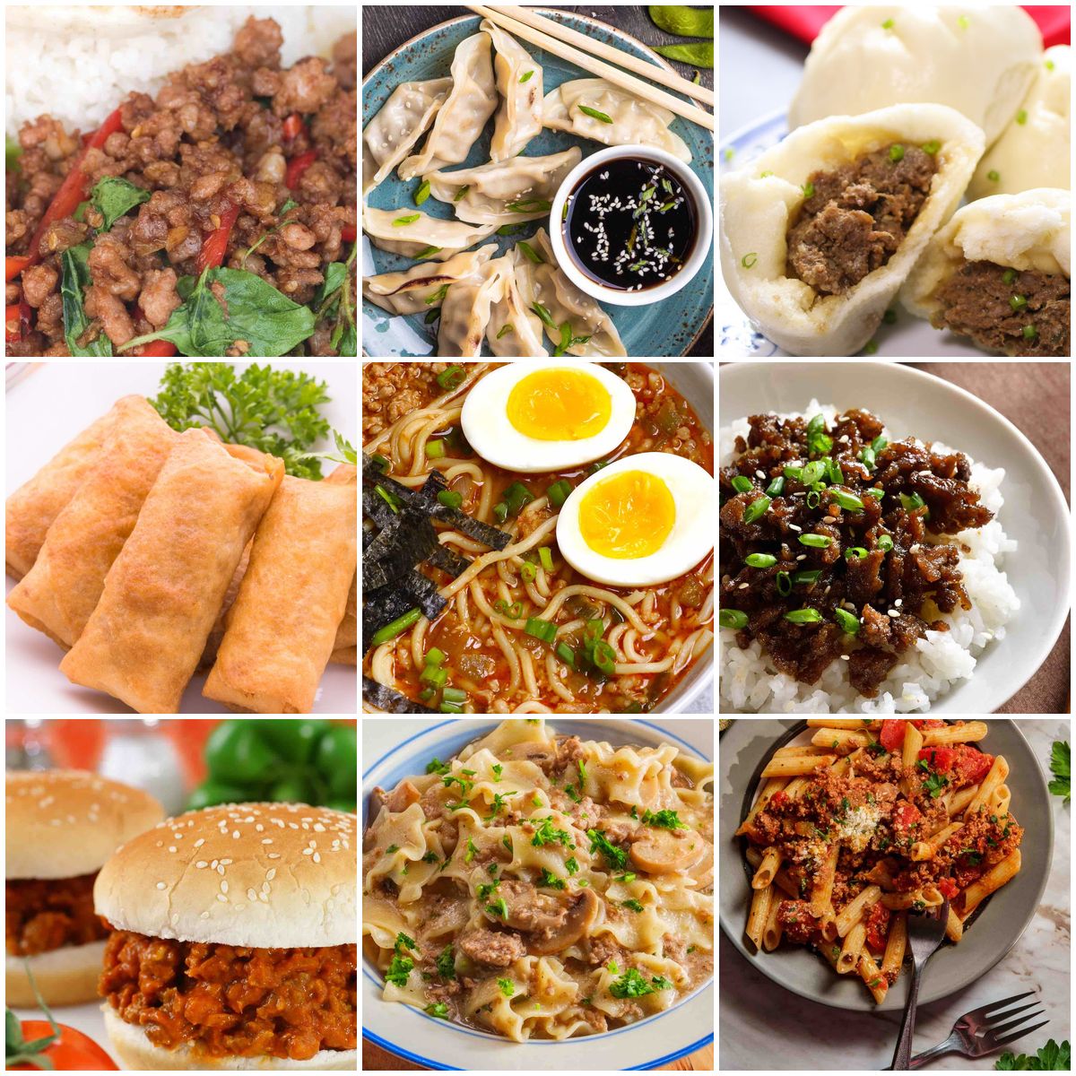Collage of ground pork dishes including meatballs, stir-fry, dumplings, and other easy ground pork recipes