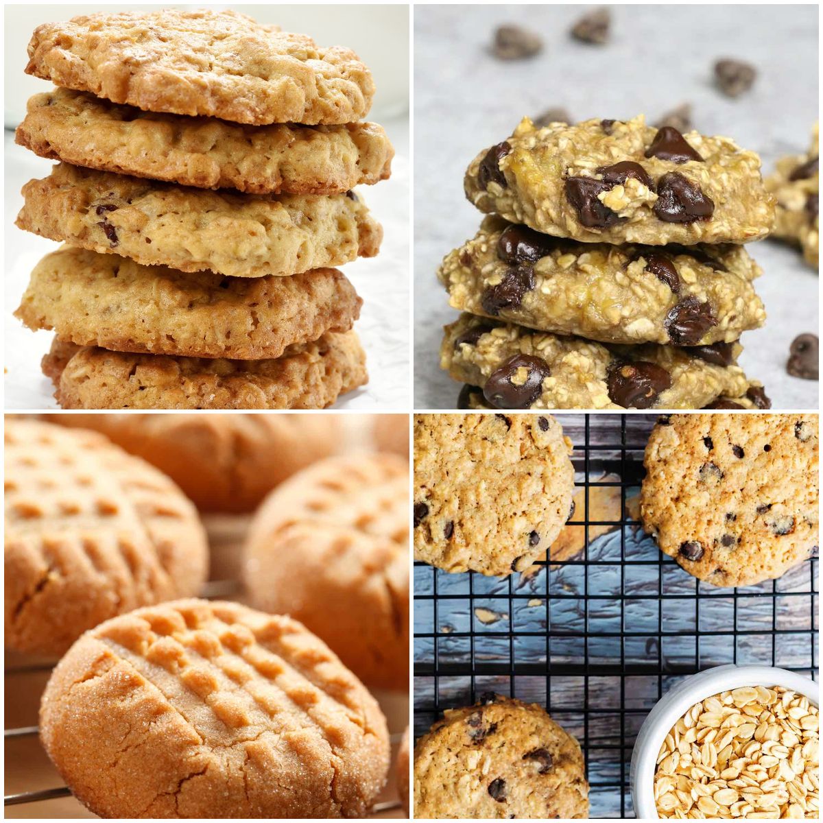 Collage of healthy cookie recipes including oatmeal, peanut butter, banana, and other nutritious cookie options