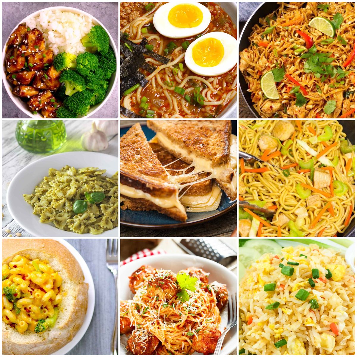 Collage of hot lunch recipes that are fast to make including soups, sandwiches, rice bowls, and warm salads