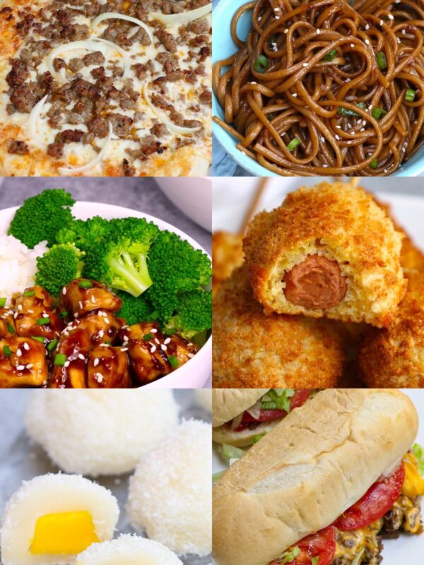 Collage of kids lunch ideas including school pizza, hibachi noodles, teriyaki chicken bowls, corn dogs, mango mochi, and chopped cheese