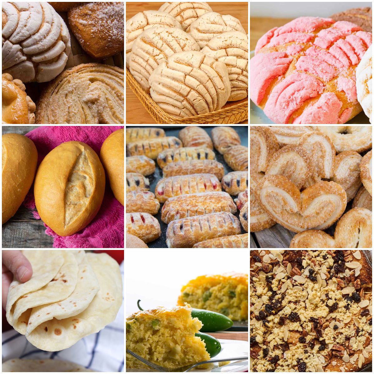Collage of authentic Mexican breads including conchas, pan dulce, bolillos, and other traditional bakery items