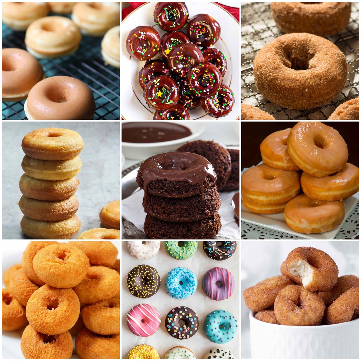 Collage of mini donut maker recipes including glazed, chocolate, cinnamon sugar, and other fun donut flavors