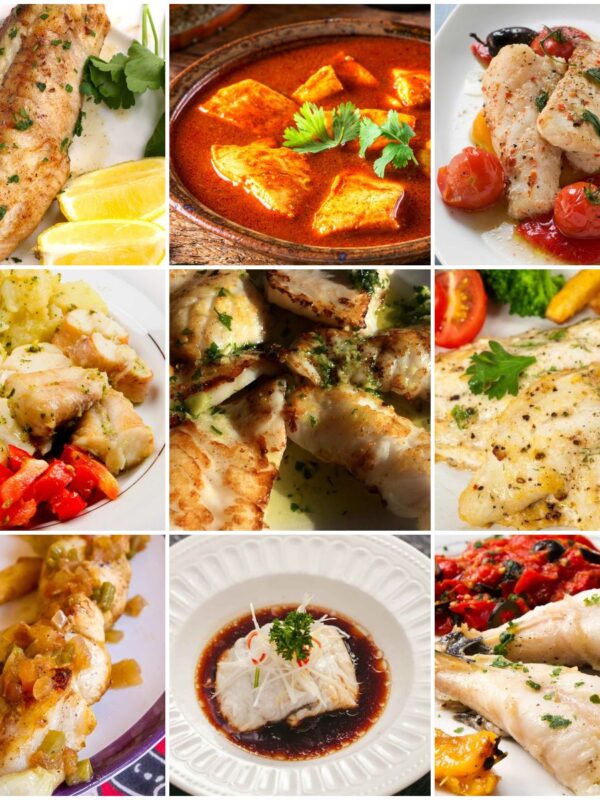 Collage of monkfish dishes including roasted, grilled, and pan-seared monkfish with various sauces and sides