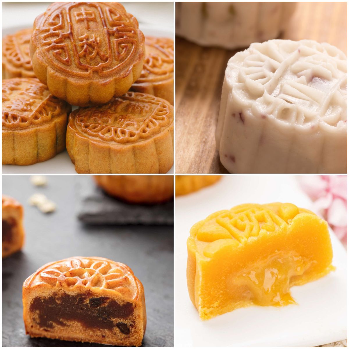 Collage of mooncake varieties including traditional lotus seed, red bean, snow skin, and other mooncake recipes
