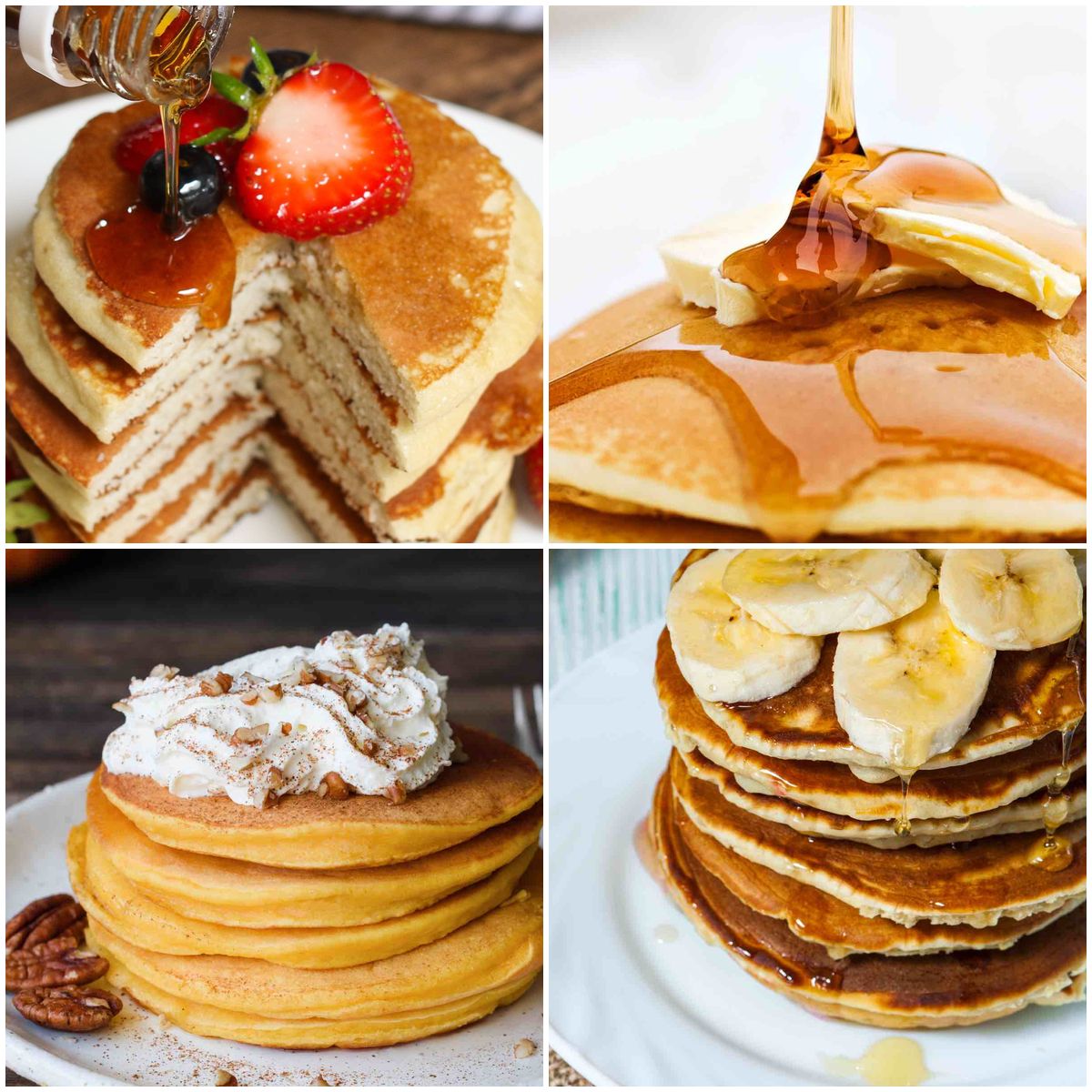 Collage of pancake topping ideas including maple syrup, fresh fruit, whipped cream, and chocolate chips