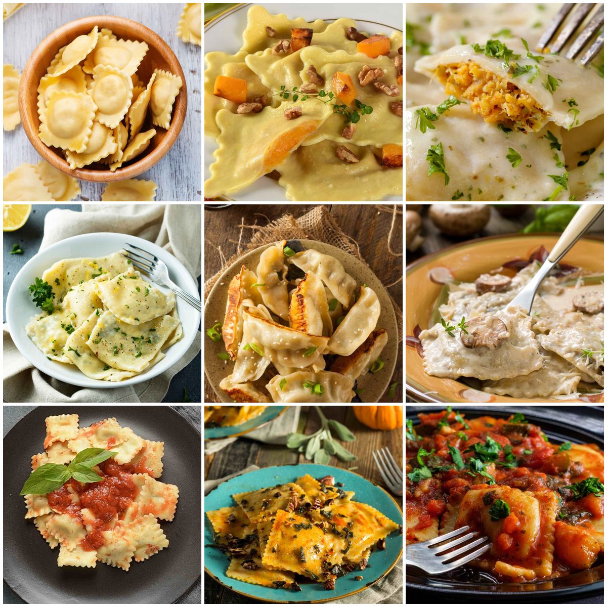 Collage of homemade ravioli filling ideas including ricotta, spinach, butternut squash, lobster, and mushroom