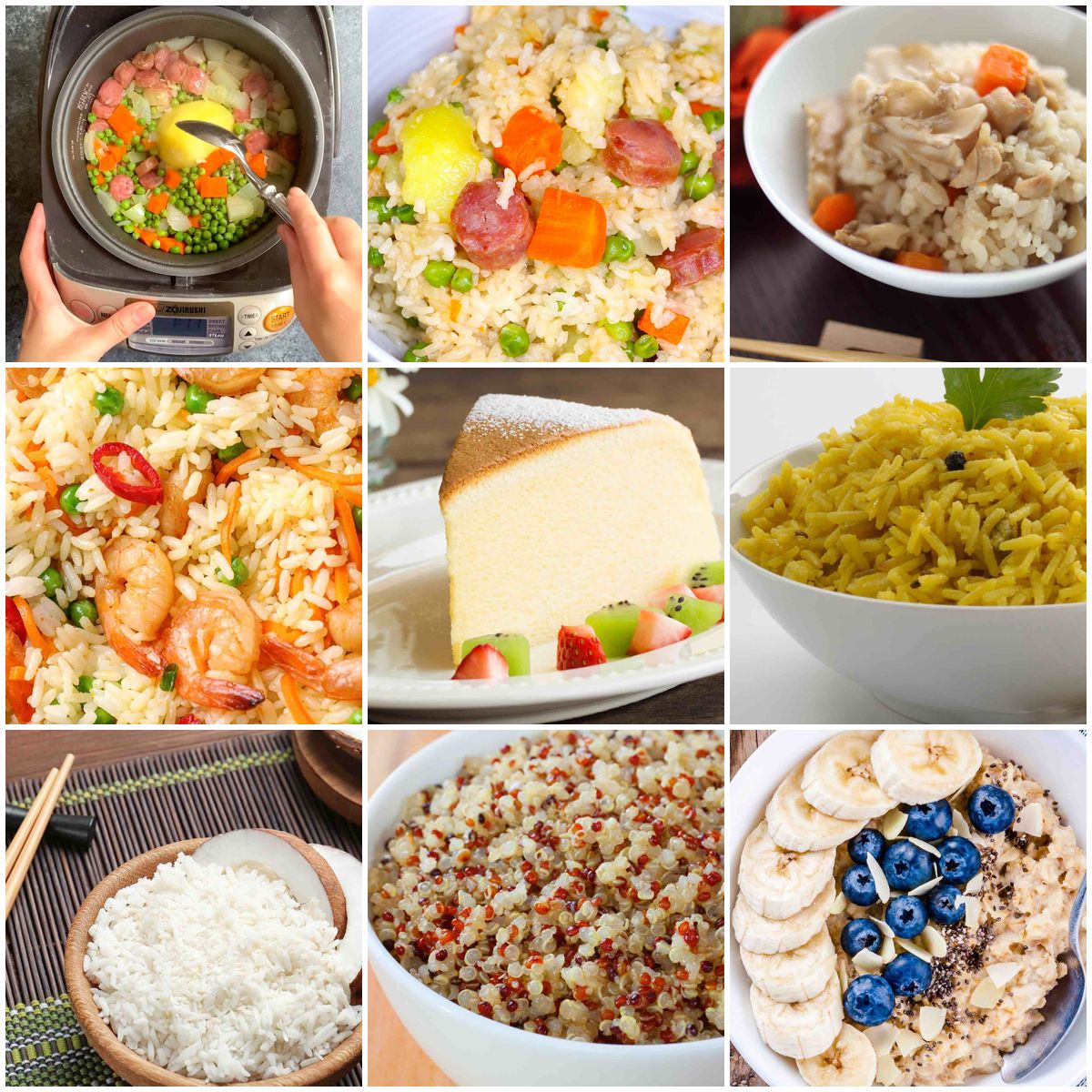 Collage of surprising dishes you can make in a rice cooker including rice, soups, cakes, and steamed meals