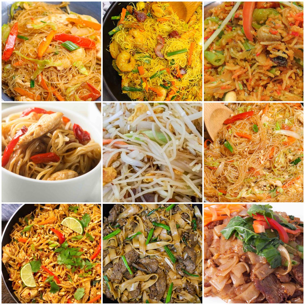 Collage of easy rice noodle dishes including pad thai, pho, stir-fried noodles, and spring rolls