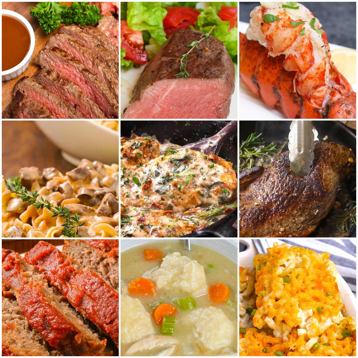 Collage of romantic dinner recipes for date night including steak, pasta, seafood, and elegant home-cooked meals