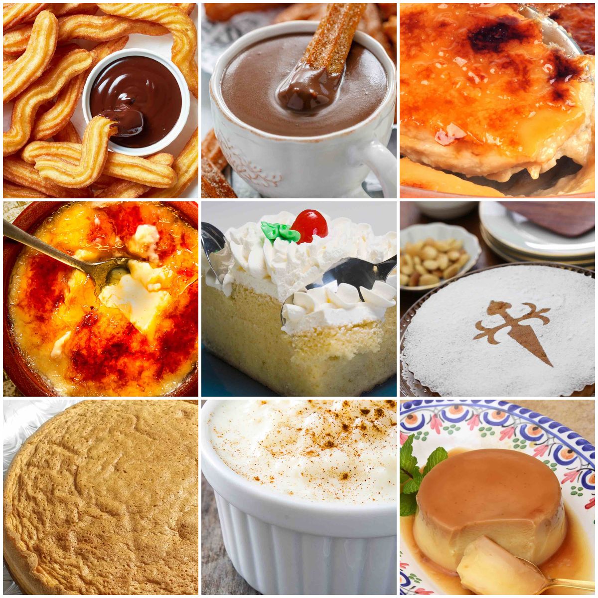 Collage of traditional Spanish desserts including churros, flan, tres leches cake, and other easy Spanish sweets