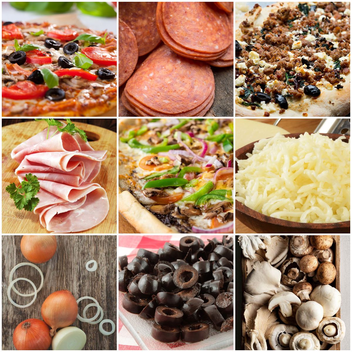 Collage of popular supreme pizza toppings including pepperoni, sausage, peppers, onions, mushrooms, and olives