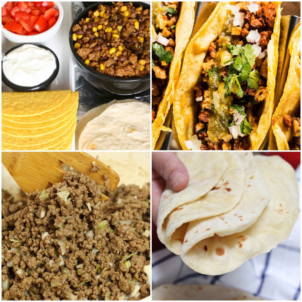 Collage of taco bar setup ideas including various fillings, toppings, salsas, and tortilla options