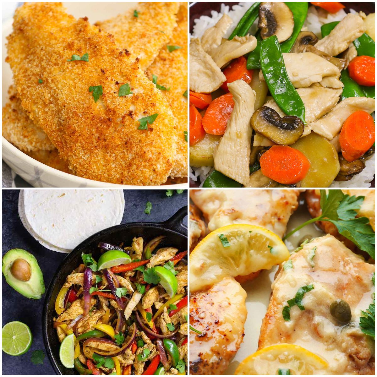 Collage of thin-sliced chicken breast recipes including piccata, cutlets, stir-fry, and breaded chicken