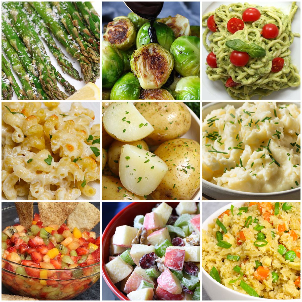 Collage of side dishes for tuna steak including rice, salad, roasted vegetables, and other grilled tuna accompaniments