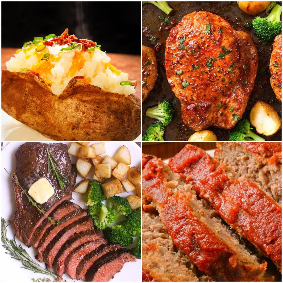 Collage of dishes to serve with baked potatoes including pork chops, steak, meatloaf, salmon, chili, and filet mignon